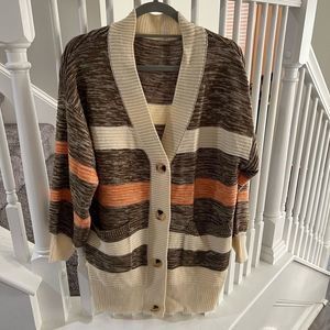 Brown, oatmeal, orange button front cardigan with pockets, size Medium